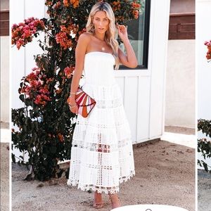 UNDERWOOD STRAPLESS SMOCKED CROCHET MIDI DRESS